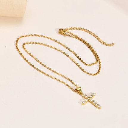 Danity Cubic Zirconia Cross Pendant Necklace for Women, Stainles Steel Chain Adjustable PlatiNum