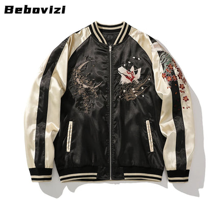 High Quality Japanese Style Nine-tailed Fox Embroidered Motorcycle Jacket Streetwear Harajuku Hip Hop Men Baseball Coat Autumn