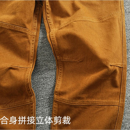 Retro heavy simple cargo pants men's loose straight leg casual pants pure cotton twill woven 3D vertical cut cone pants