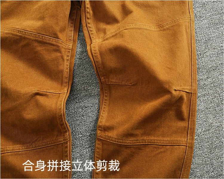 Retro heavy simple cargo pants men's loose straight leg casual pants pure cotton twill woven 3D vertical cut cone pants