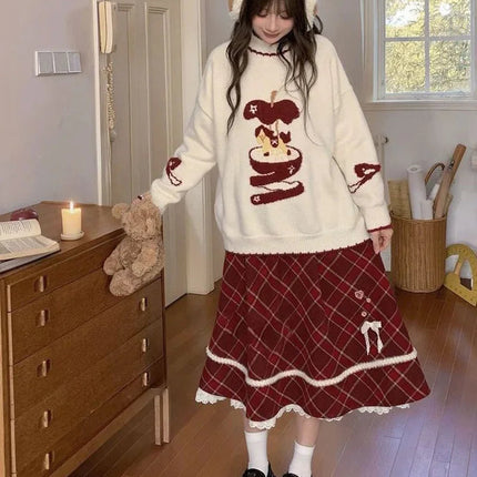Sweet Red Plaid Long Skirt Women Vintage Faux Woolen Bow Cute Skirts Lace Patchwork High Waist Korean Elegant Warm Long Skirts PlatiNum