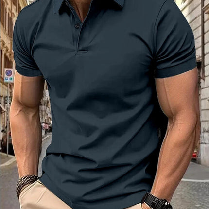 Men's Casual Short Sleeve Button-Up Lapel Solid Color T-Shirt