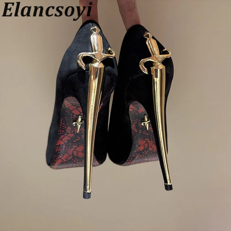 Vendita calda Scarpe da banchetto Décolleté da donna Scarpe eleganti con tacco alto in metallo Scarpe da ballo in pelle nera Scarpe da festa sexy autunnali per donna platinumshop