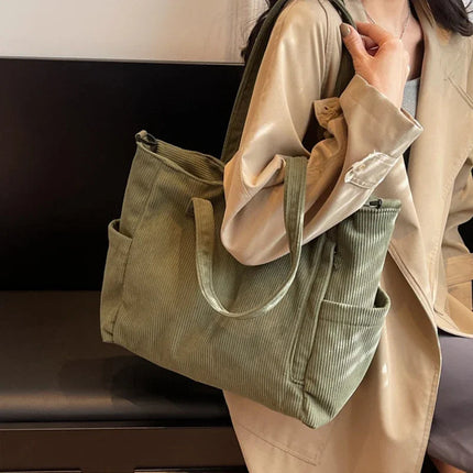 Women Corduroy Tote Bag Casual Multi Pocket Handbag Adjustable Strap Crossbody Sling Bag Zipper Shoulder Bag Fall Winter Bag PlatiNum