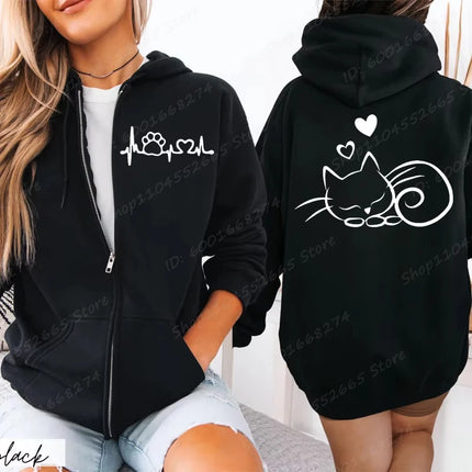Women Zipper Hoodies Autumn Winter New Cute Cat Heatbeat Line Print Hoodies Hip Hop Streetwear Women Zip Up Jacket Coat Clothing