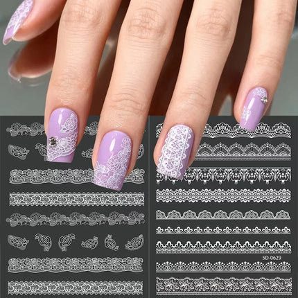 2pcs Y2K White Lace 5D Nail Art Stickers White Embossed Flowers Petals Elegant French Decals Wedding Nails Manicure Decorations