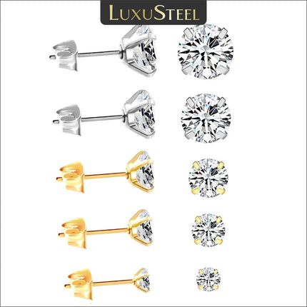 LUXUSTEEL 2Pcs Men's Crystal Zircon Studs Earrings For Women 316L Stainless Steel Cartilage Piercing Ear Anti Allergic 3-8mm PlatiNum