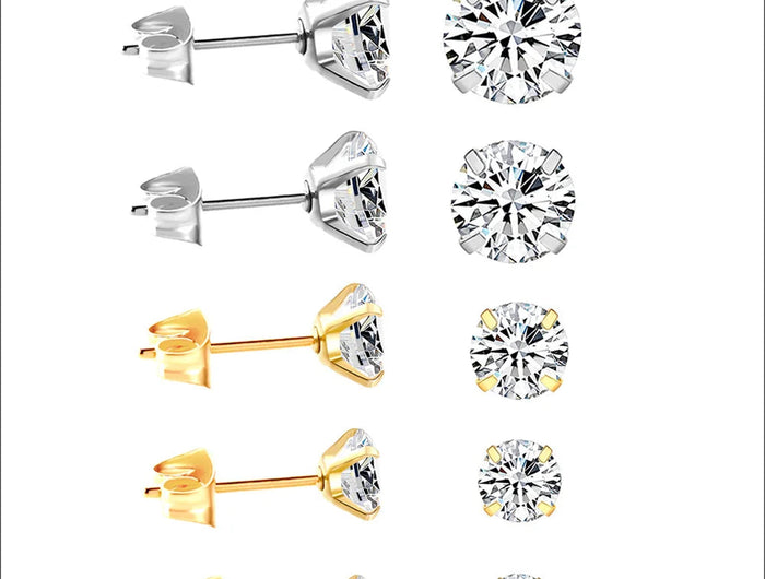 LUXUSTEEL 2Pcs Men's Crystal Zircon Studs Earrings For Women 316L Stainless Steel Cartilage Piercing Ear Anti Allergic 3-8mm PlatiNum