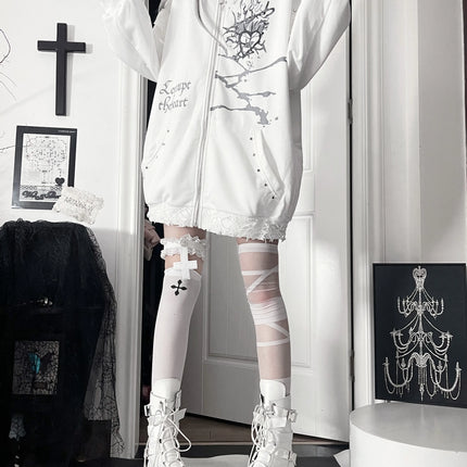 Original Print Subculture Dark Loose Cat Ear Distressed Hooded Sweatshirt Jacket Zip Up Hoodie Oversized Hoodie