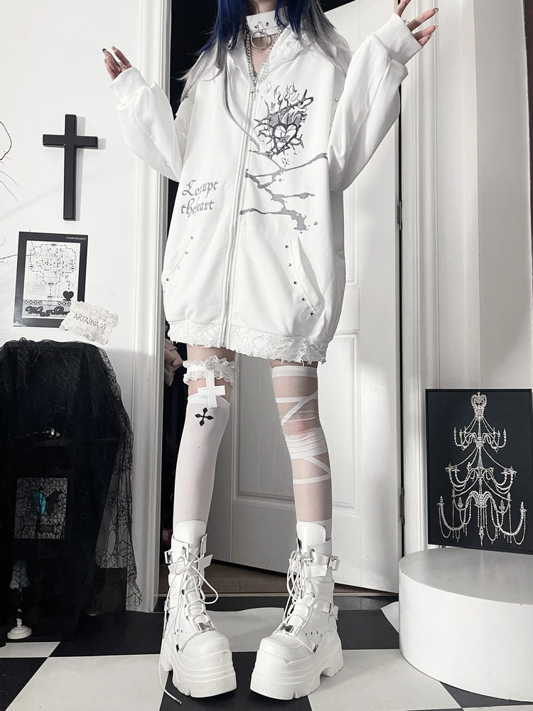 Original Print Subculture Dark Loose Cat Ear Distressed Hooded Sweatshirt Jacket Zip Up Hoodie Oversized Hoodie