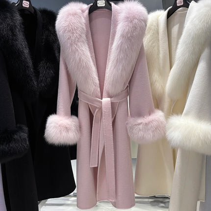 YOLOAgain Women's 100% Wool Coat Long With Detachable Real Fox Fur Collar 2025 Autumn Elegant Double-Sided Wool Coat