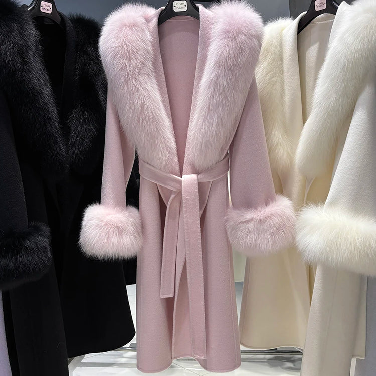 YOLOAgain Women's 100% Wool Coat Long With Detachable Real Fox Fur Collar 2025 Autumn Elegant Double-Sided Wool Coat