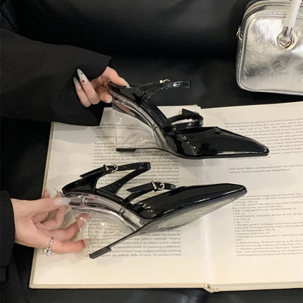 Liyke New Fashion Transparent Wedge Slippers Women Pumps Patent Leather Pointed Toe Buckle Strap Designer High Heels Mules Shoes PlatiNum