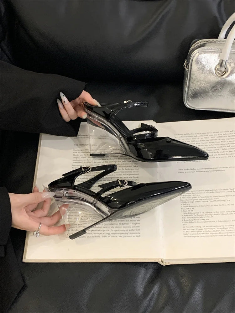Liyke New Fashion Transparent Wedge Slippers Women Pumps Patent Leather Pointed Toe Buckle Strap Designer High Heels Mules Shoes PlatiNum