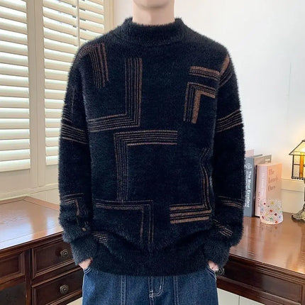 2025 Thickened Sweater Men's Autumn Winter Casual Half High Neck Pullover Knitwear Furry Korean Loose Simple Sweaters 3 Colors