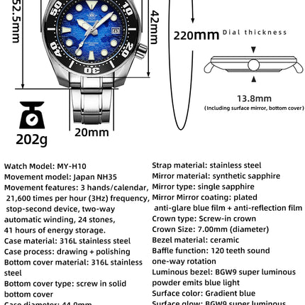 ADDIESDIVE Watches For Men Sapphire Luxury NH35 Mechanical Wristwatch 200m Waterproof Ceramic Bezel BGW9 Luminous Diving Watch