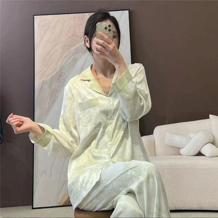 Set pigiama in raso da donna primavera New Classic Sandpainting pigiama Set manica lunga bottone verde pigiama Lounge Pant donna Sleepwear