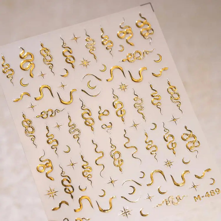 Gold Silver Snake Stars Nail Stickers for Nail Decoation Decals 5D Self-Adhesive Bronzing Stars Moon Totem DIY Supplies Slider