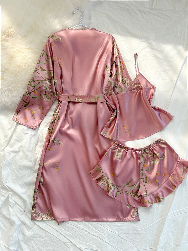 Comfortable summer bathrobe with irregular cherry print and laced shorts, sexy four-piece women's pajama set