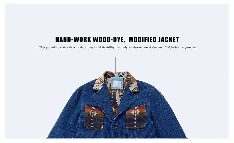 Men's Indigo Multi Pockets Jacket French Retro Blue Dye Lapel Thick Workwear Tooling Cardigan Coat plus Size for Autumn Winter