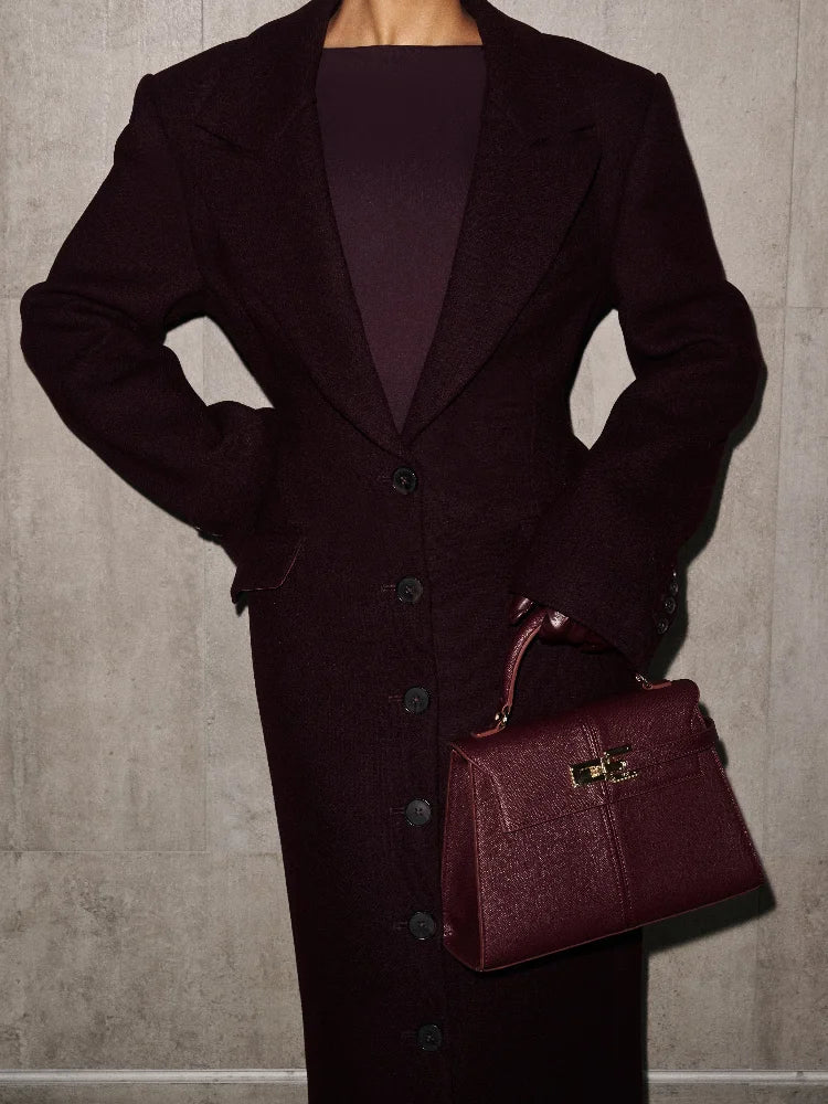 Women's Long Coat Slim V Neck Single Breasted Overcoats Shoulder Pad Maxi Jackets with Belt 2025 New Winter Lady Commute Outwear