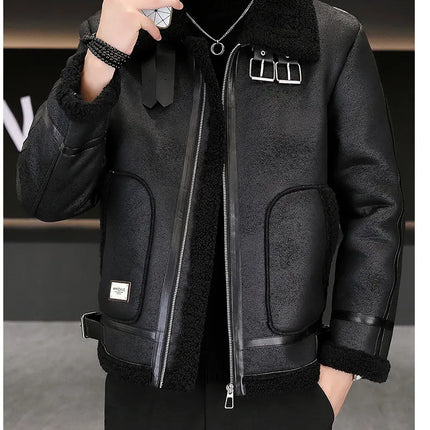 High-quality Faux Fur Leather Jackets Men Splicing Pockets Trend Casual Motorcycle Bike Jacket Winter Thick Warm Coat Streetwear