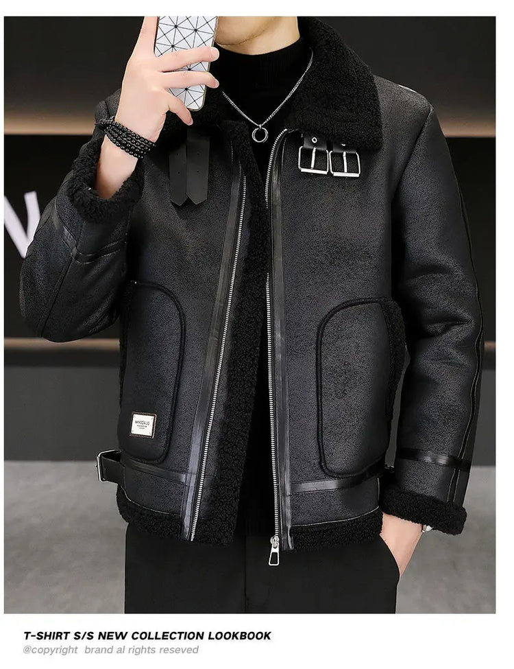 High-quality Faux Fur Leather Jackets Men Splicing Pockets Trend Casual Motorcycle Bike Jacket Winter Thick Warm Coat Streetwear