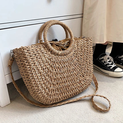 Borse in paglia intrecciata per donna Borsa da viaggio fatta a mano al mare Borsa da spiaggia estiva Nuova borsa a secchiello con manico Shopping Tote Bag Basket Bolsa