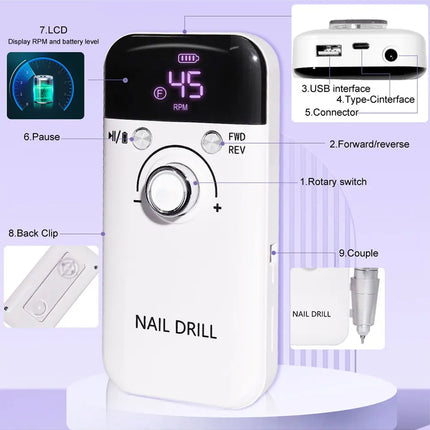 LIMEGIRL 45000RPM Electric Nail Drill Polisher Rechargeable Portable Electric Nail File Machine Kit for Home Acrylic Gel Nails Polishing