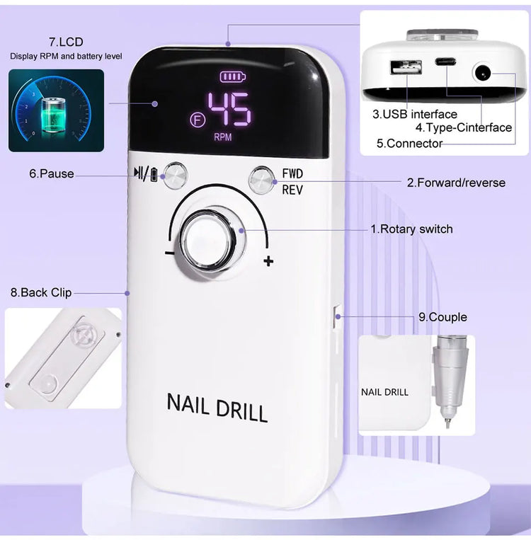 LIMEGIRL 45000RPM Electric Nail Drill Polisher Rechargeable Portable Electric Nail File Machine Kit for Home Acrylic Gel Nails Polishing