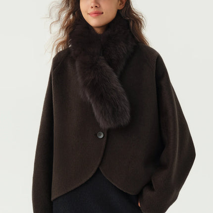 DUSHU Short Wool Coat  Fox Fur Collar and Camel Hair Women Warm Single Breasted Elegant Temperament Winter Batwing Sleeve