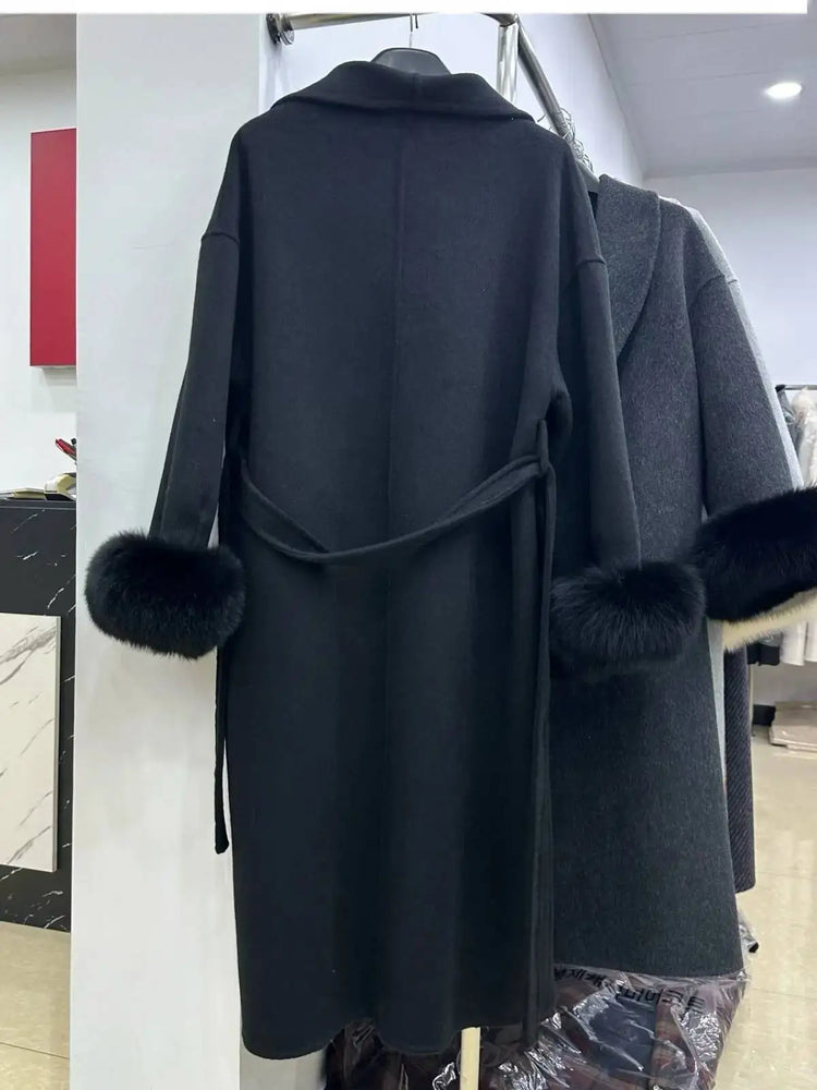 BJTZ Fox Fur Classic Long Double-Sided Pure Wool Coat For Women 2025 New Autumn Winter High-End Woolen Jacket