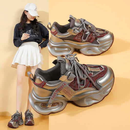 Thick soled rhinestone dad shoes  women's versatile height increasing casual shoes 2025 autumn sports running shoes
