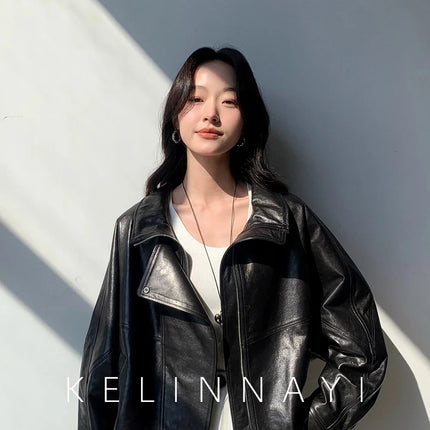 Waxed Sheepskin Genuine Leather Moto Biker Jacket Women Cropped Stand Collar Zip Up Snap Button Loose Casual Autumn Outwear 2026