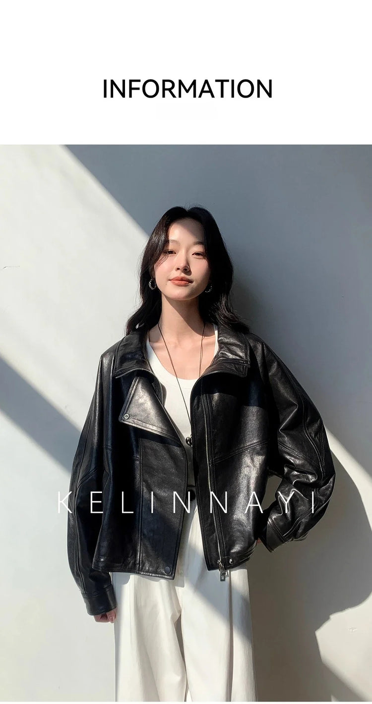 Waxed Sheepskin Genuine Leather Moto Biker Jacket Women Cropped Stand Collar Zip Up Snap Button Loose Casual Autumn Outwear 2026