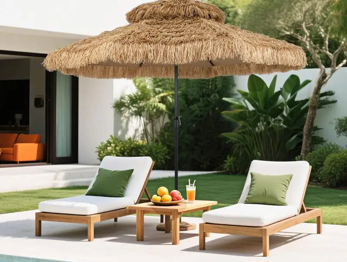 Ombrellone Tiki con Tetto in Paglia da 299 cm, Parasole Tropicale Hawaiano 30 °   Tettoia Ventilata Regolabile a 2 Sezioni Staccabili per Patio, Piscina, Spiaggia