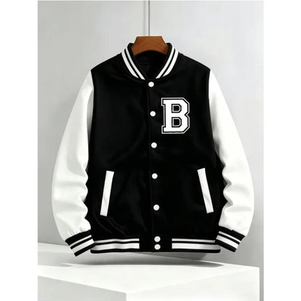 Preppy Style B-class printed baseball jacket with black and white color block sleeves and contrasting colors
