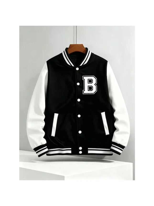 Preppy Style B-class printed baseball jacket with black and white color block sleeves and contrasting colors