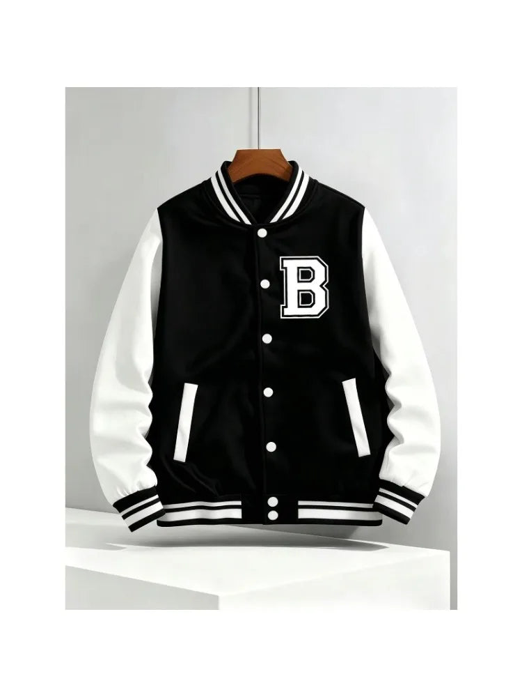 Preppy Style B-class printed baseball jacket with black and white color block sleeves and contrasting colors