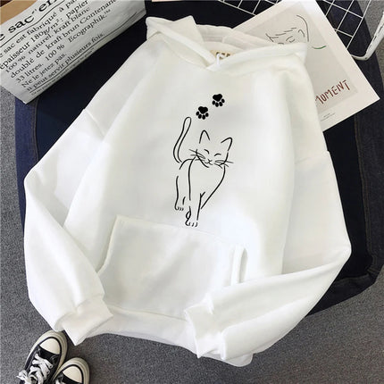 Whimsical Cat Print Sweatshirts Cat Women Kawaii Kangaroo Pocket Hoodies Girl Casual Pullovers Female Animal Hooded 90s Clothing