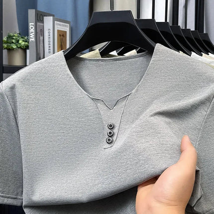 2025 New Men's Business Casual Three Button V-neck Short Sleeved T-shirt Korean Style Summer Comfortable Versatile Top PlatiNum