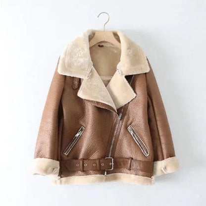 2024 winter women's clothing fashion locomotive version lapel fur integrated thickened thermal coat leather jacket