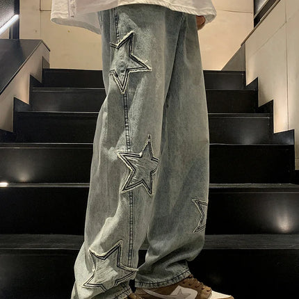 New Fashion Stella a cinque punte Jeans Uomo a vita alta Vintage Streetwear Pantaloni da uomo Baggy Inverno Jeans a gamba larga Denim Abbigliamento uomo