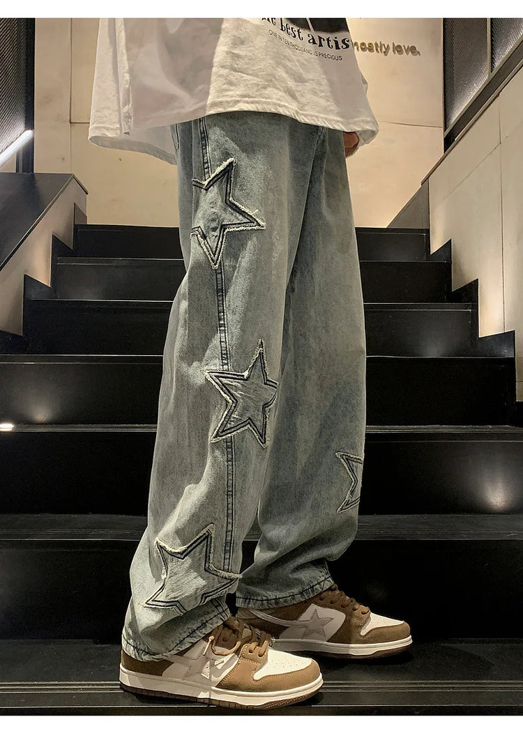New Fashion Stella a cinque punte Jeans Uomo a vita alta Vintage Streetwear Pantaloni da uomo Baggy Inverno Jeans a gamba larga Denim Abbigliamento uomo