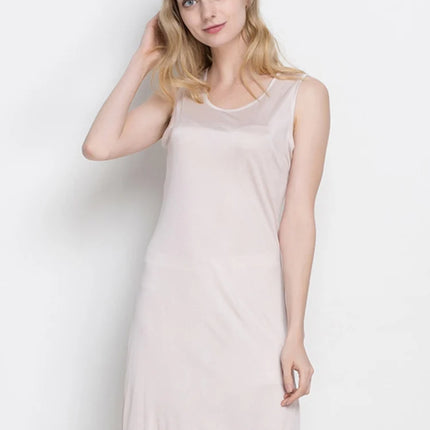 Abito da notte da donna in seta naturale lavorata a maglia, abito sottoveste basic solido, slip COMPLETO antisvuotamento, nuova biancheria intima senza maniche