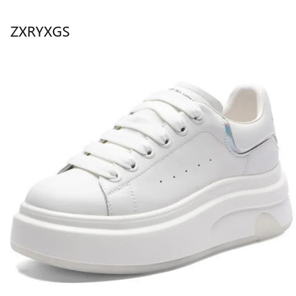 ZXRYXGS 2025 Spring Genuine Leather  Breathable Comfortable Shoes Woman New Thick Sole Wedges Increase Casual Sneakers White