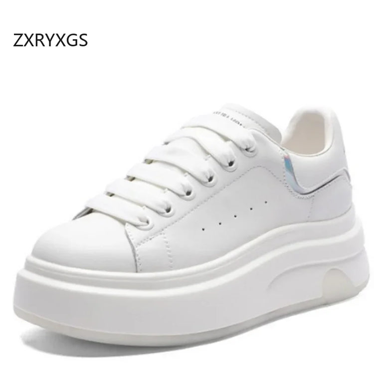 ZXRYXGS 2025 Spring Genuine Leather  Breathable Comfortable Shoes Woman New Thick Sole Wedges Increase Casual Sneakers White