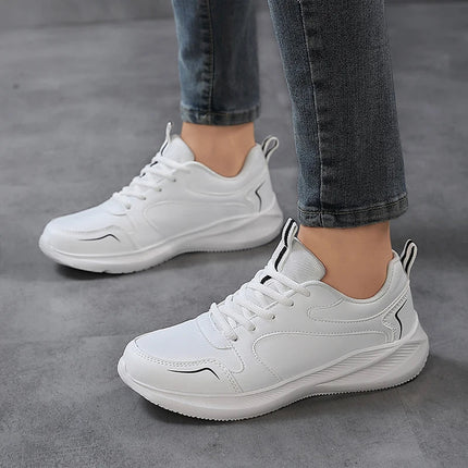 PU Leather Women's Running Shoes Lightweight Casual Sports Shoes Waterproof Outdoor Training Sneakers for Jogging Tennis PlatiNum
