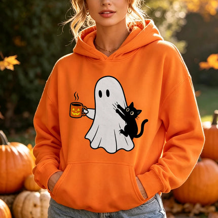 Ghost Black Cat Coffee Print Halloween Hoodie Spooky Season Graphic Pullover Women Fall Holiday Daily Wear Top Hoodies Women