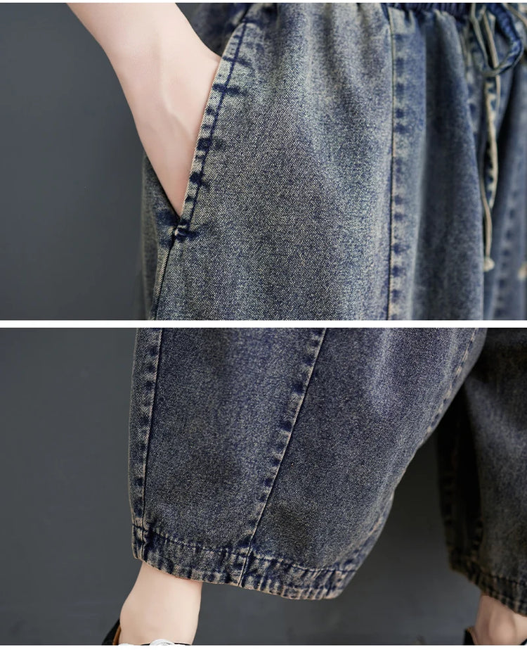 508 primavera estate nuovi Jeans larghi 100kg per le donne coulisse semplice tinta unita nero Vintag